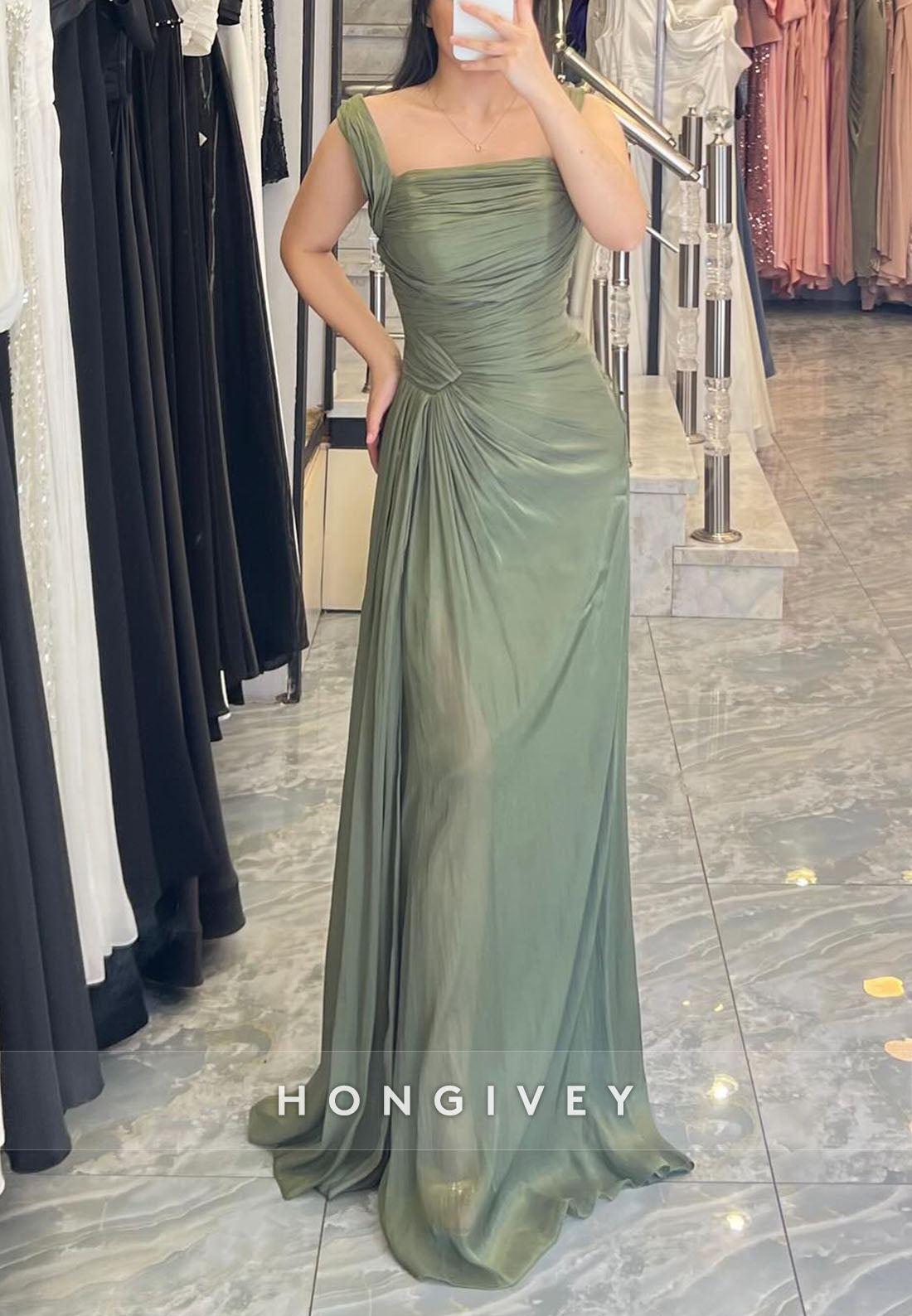 Square Neck A-Line Floor-Length Regular Straps Pleated Evening Gowns