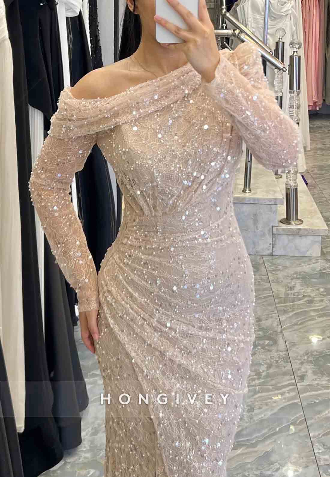 One Shoulder Mermaid Floor-Length Long Sleeves Glitter Evening Gowns with Side Slit