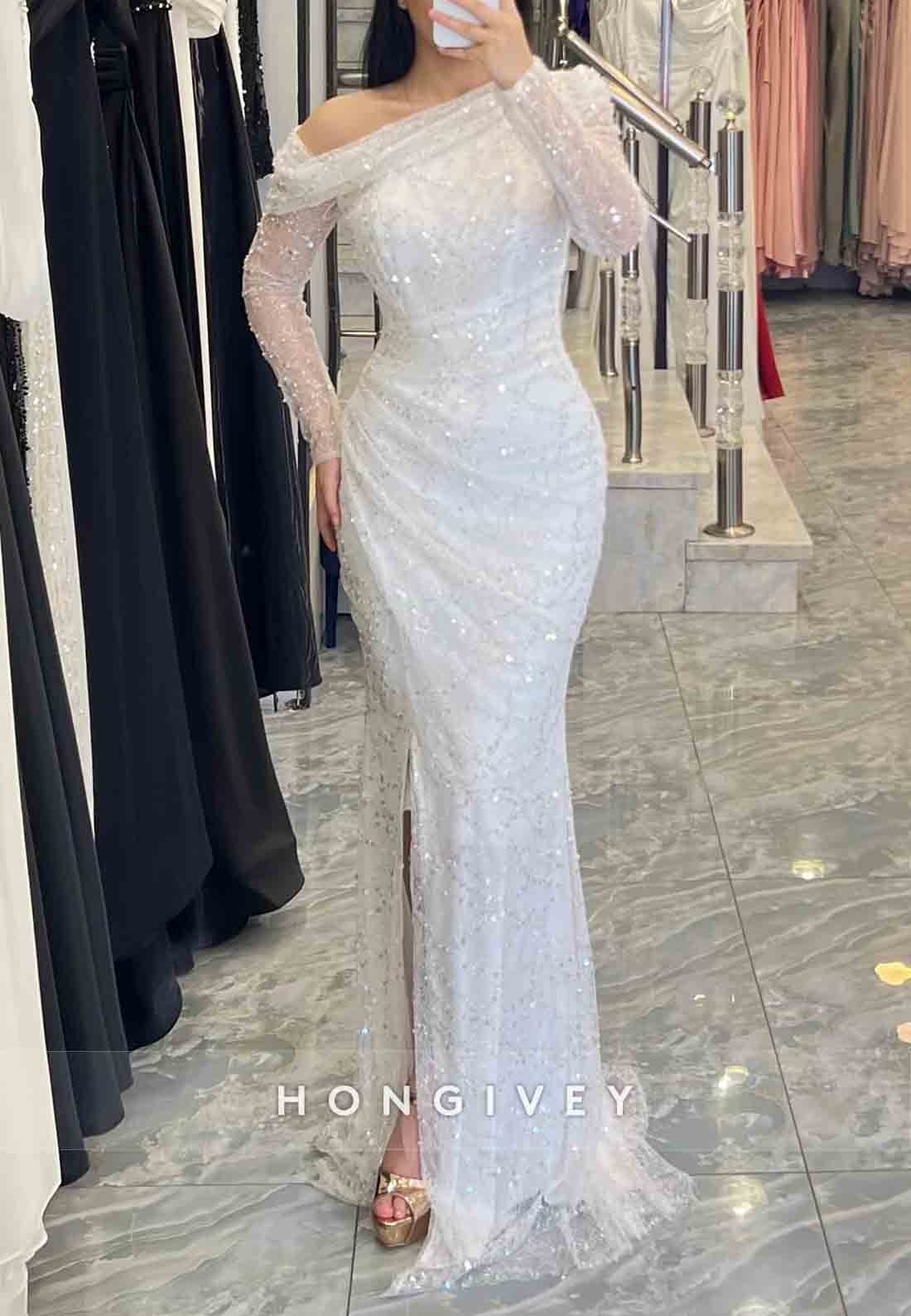 One Shoulder Mermaid Floor-Length Long Sleeves Glitter Evening Gowns with Side Slit