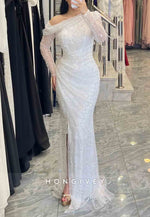 One Shoulder Mermaid Floor-Length Long Sleeves Glitter Evening Gowns with Side Slit