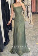 Square Neck A-Line Floor-Length Regular Straps Pleated Evening Gowns
