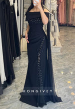 Off-Shoulder Side Draping Mermaid Evening Gowns with High Slit and Pearls