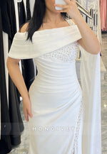 Off-Shoulder Side Draping Mermaid Evening Gowns with High Slit and Pearls