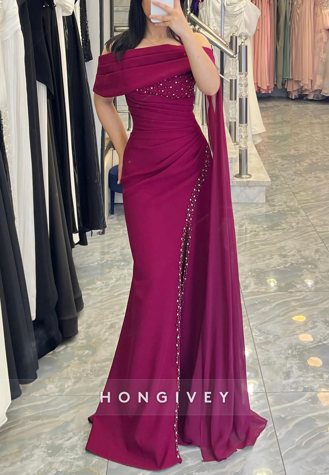 Off-Shoulder Side Draping Mermaid Evening Gowns with High Slit and Pearls