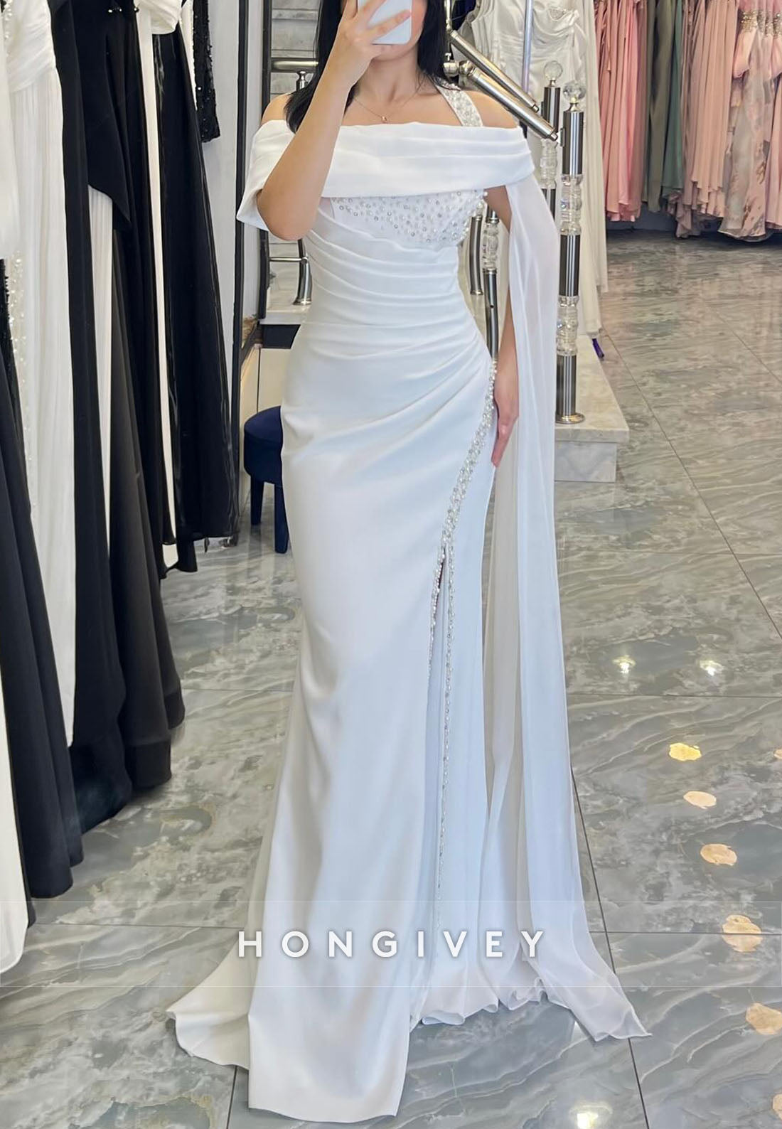 Off-Shoulder Side Draping Mermaid Evening Gowns with High Slit and Pearls