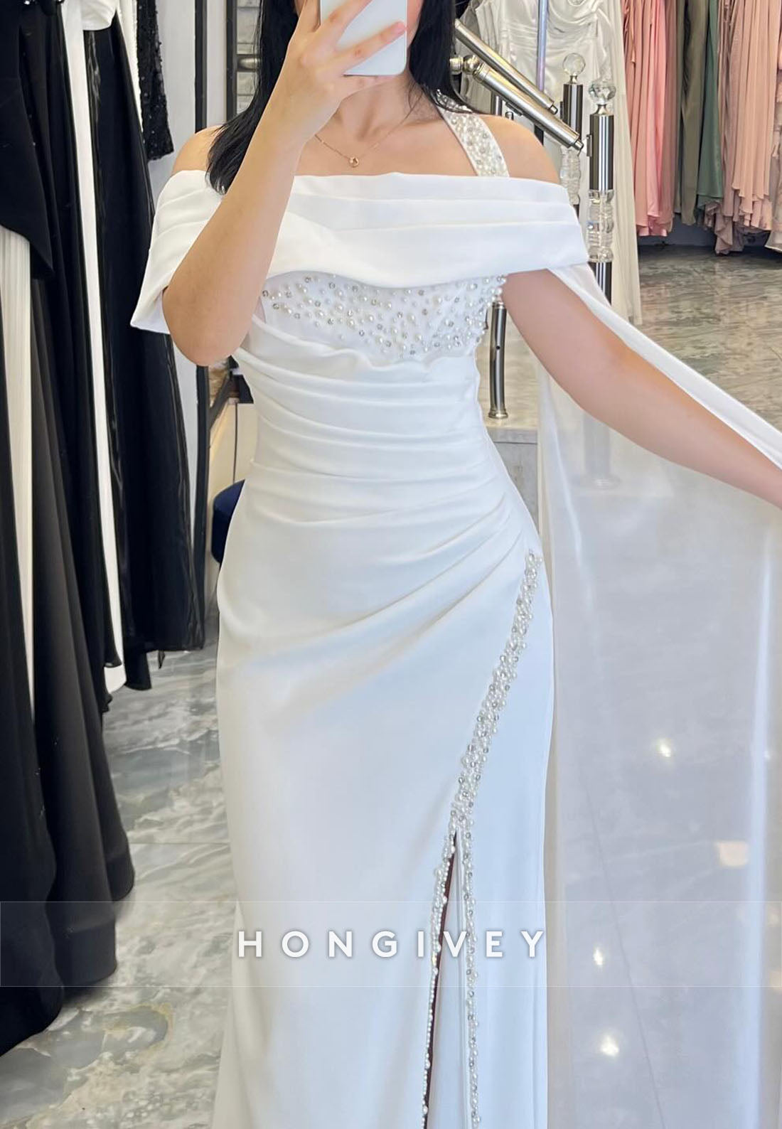 Off-Shoulder Side Draping Mermaid Evening Gowns with High Slit and Pearls