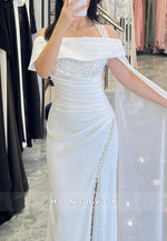 Off-Shoulder Side Draping Mermaid Evening Gowns with High Slit and Pearls