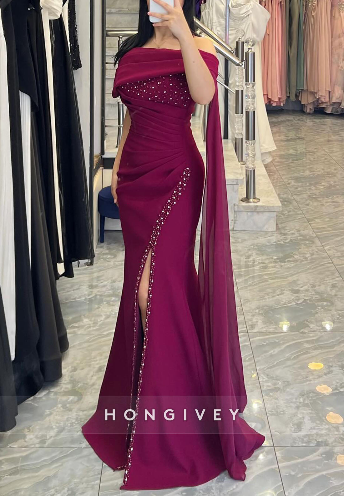 Off-Shoulder Side Draping Mermaid Evening Gowns with High Slit and Pearls