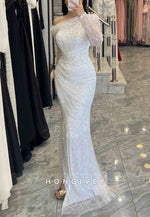 One Shoulder Mermaid Floor-Length Long Sleeves Glitter Evening Gowns with Side Slit