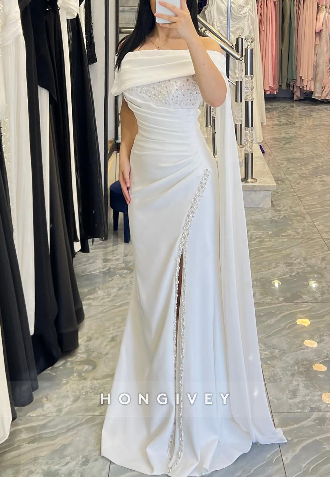 Off-Shoulder Side Draping Mermaid Evening Gowns with High Slit and Pearls