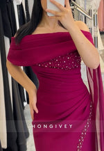 Off-Shoulder Side Draping Mermaid Evening Gowns with High Slit and Pearls