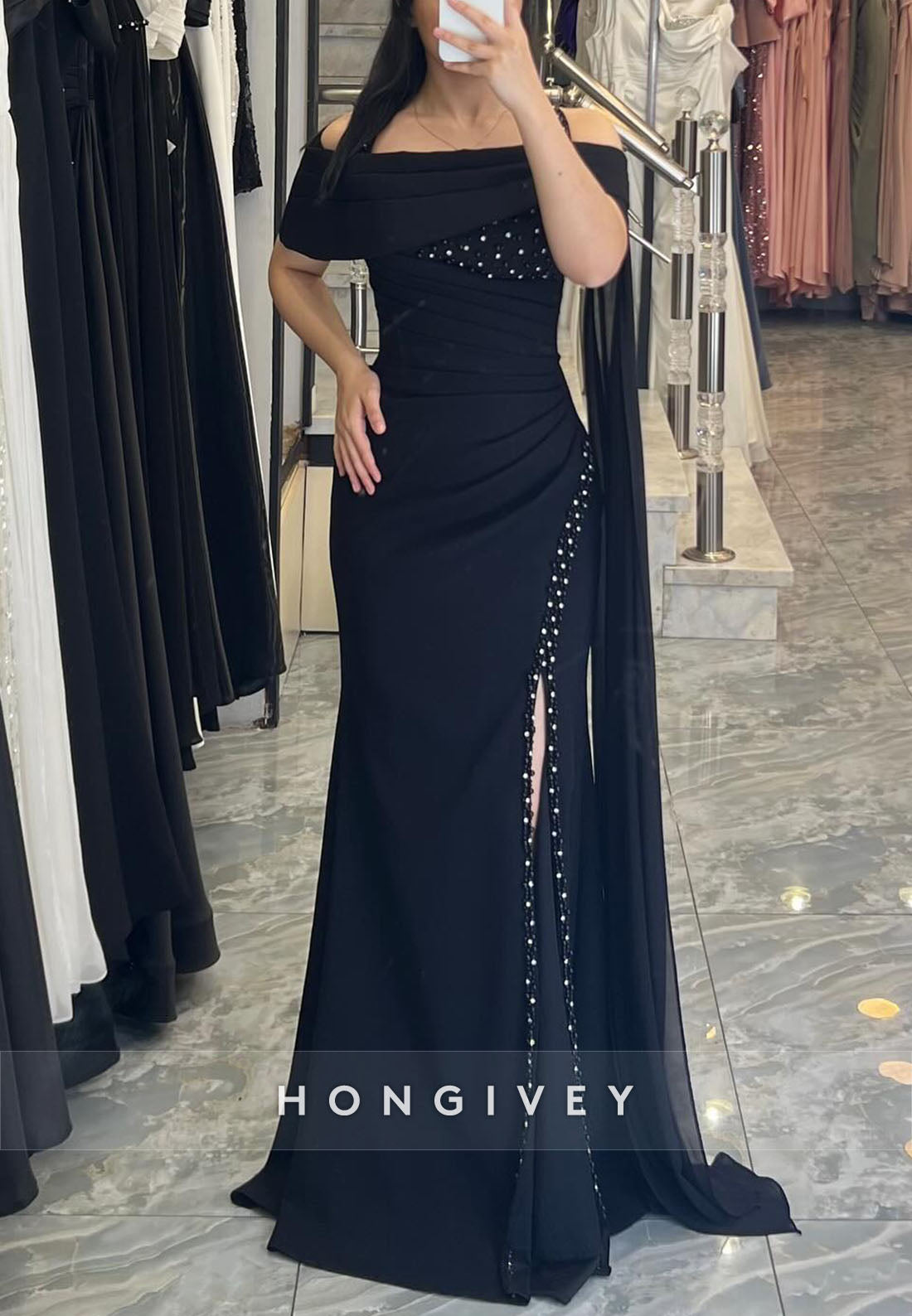 Off-Shoulder Side Draping Mermaid Evening Gowns with High Slit and Pearls