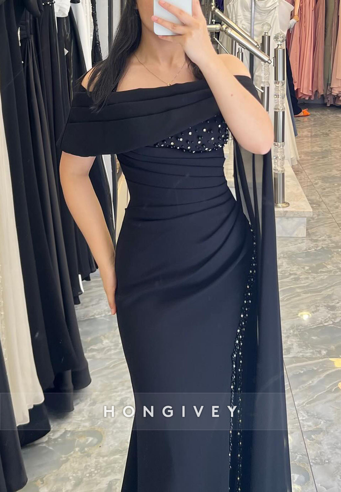 Off-Shoulder Side Draping Mermaid Evening Gowns with High Slit and Pearls