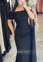 Off-Shoulder Side Draping Mermaid Evening Gowns with High Slit and Pearls