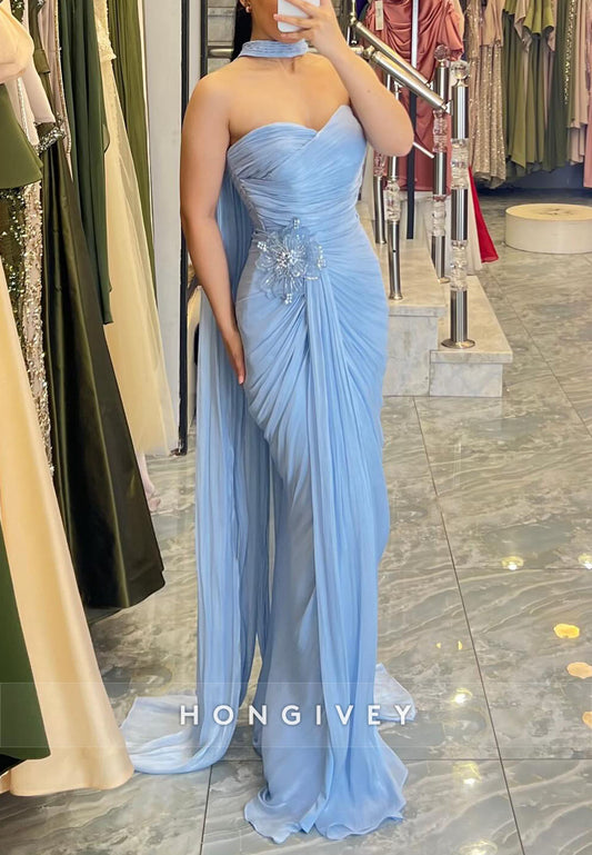 Blue Sweetheart Appliqued Side Draping Floor-Length Sheath Evening Gowns