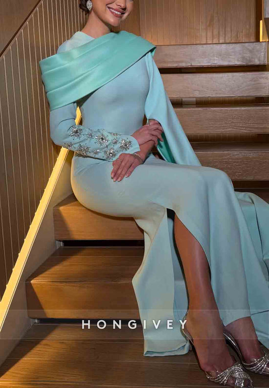 Elegant Long Sleeves Side Slit Side Draping Appliqued Spa Evening Gowns