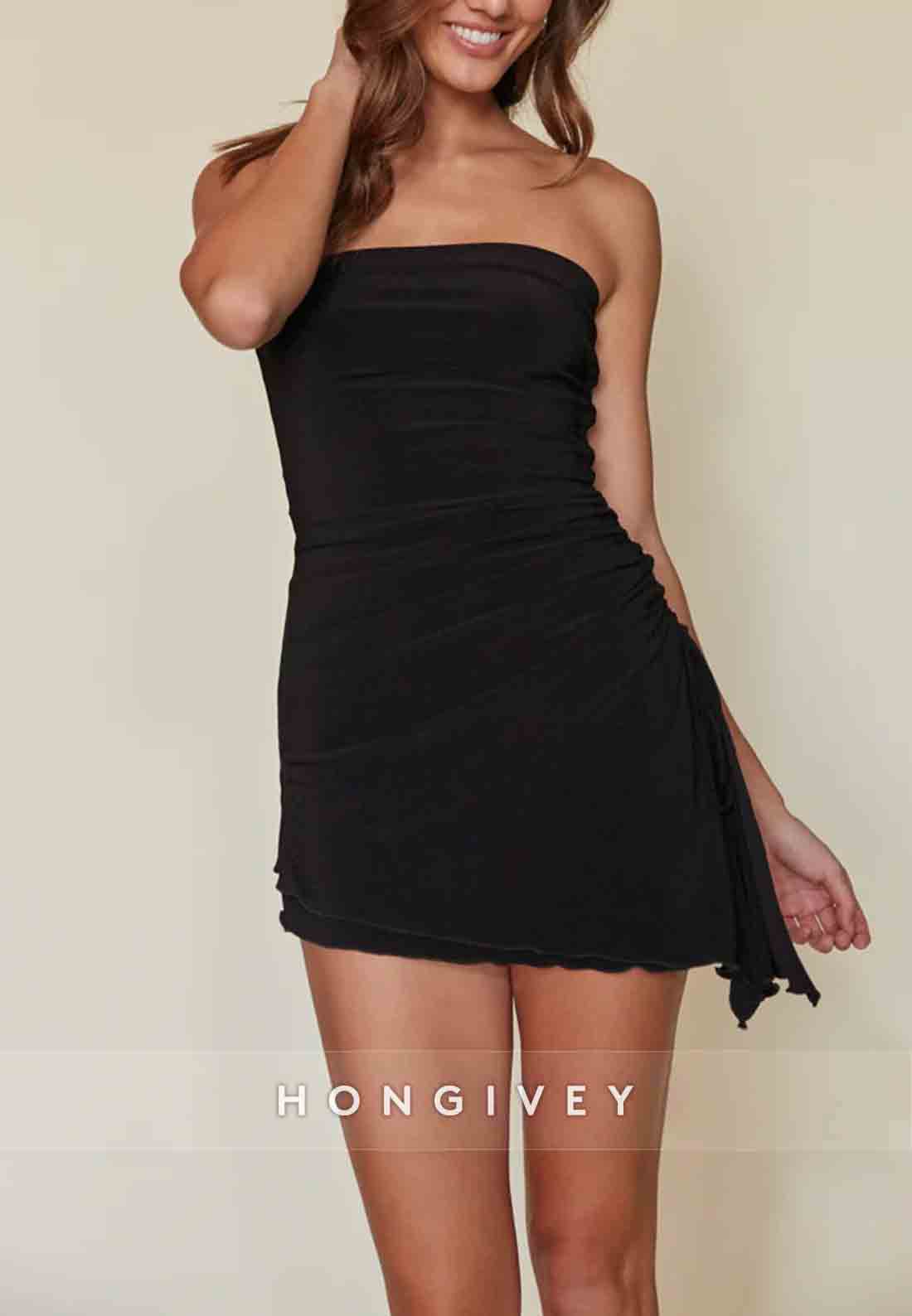 Simple Strapless Asymmetrical Pleated Simple Mini Homecoming Dress