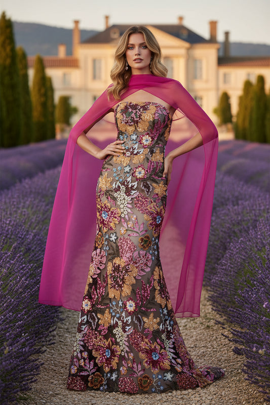 Fuchsia Shawl Strapless Sleeveless Flowers Mermaid Floral Print Evening Dress