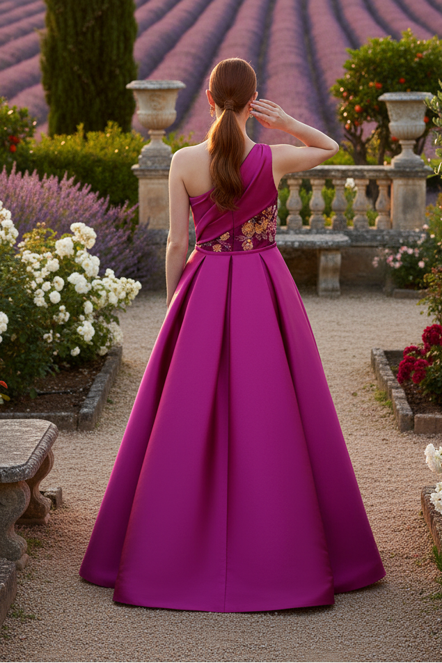 Fuchsia One Shoulder Sleeveless Flowers Floral Print Court Train Evening Dress
