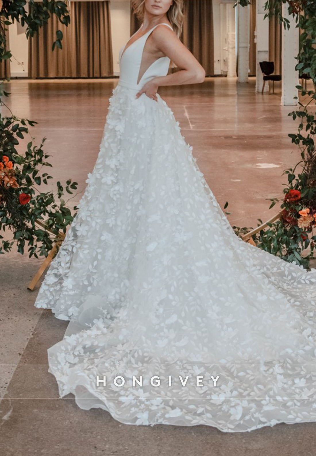 V Back A-Line Regular Straps Court Train Wedding Dresses with Appliques