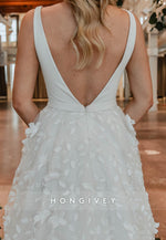 V Back A-Line Regular Straps Court Train Wedding Dresses with Appliques