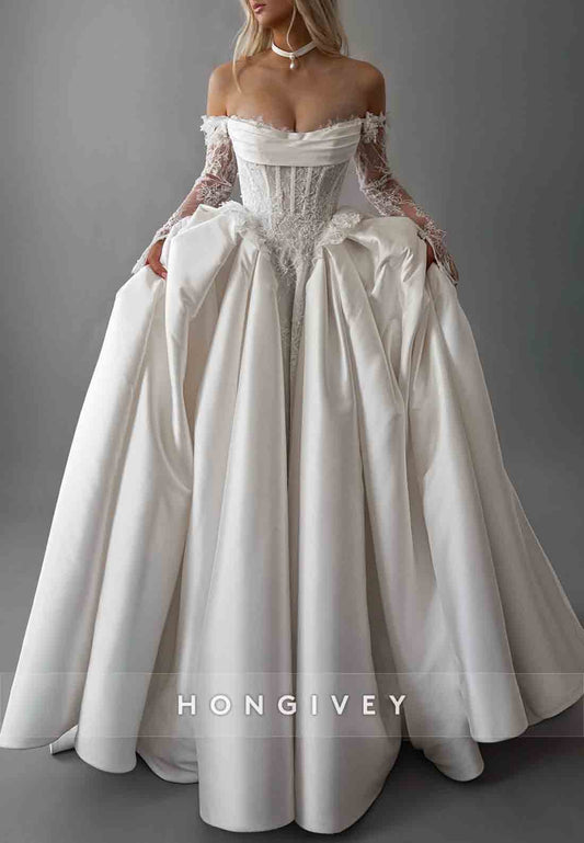 Off the Shoulder Lace Bridal Princess Court Train Long Sleeves Wedding Dresses