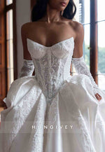 Strapless Appliqued Satin Princess Crisscross Back Court Train Bridal Gown