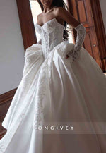Strapless Appliqued Satin Princess Crisscross Back Court Train Bridal Gown