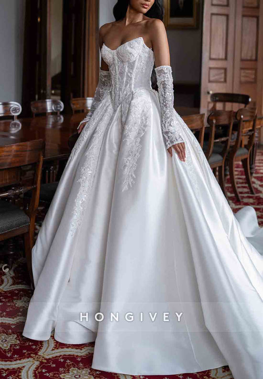 Strapless Appliqued Satin Princess Crisscross Back Court Train Bridal Gown