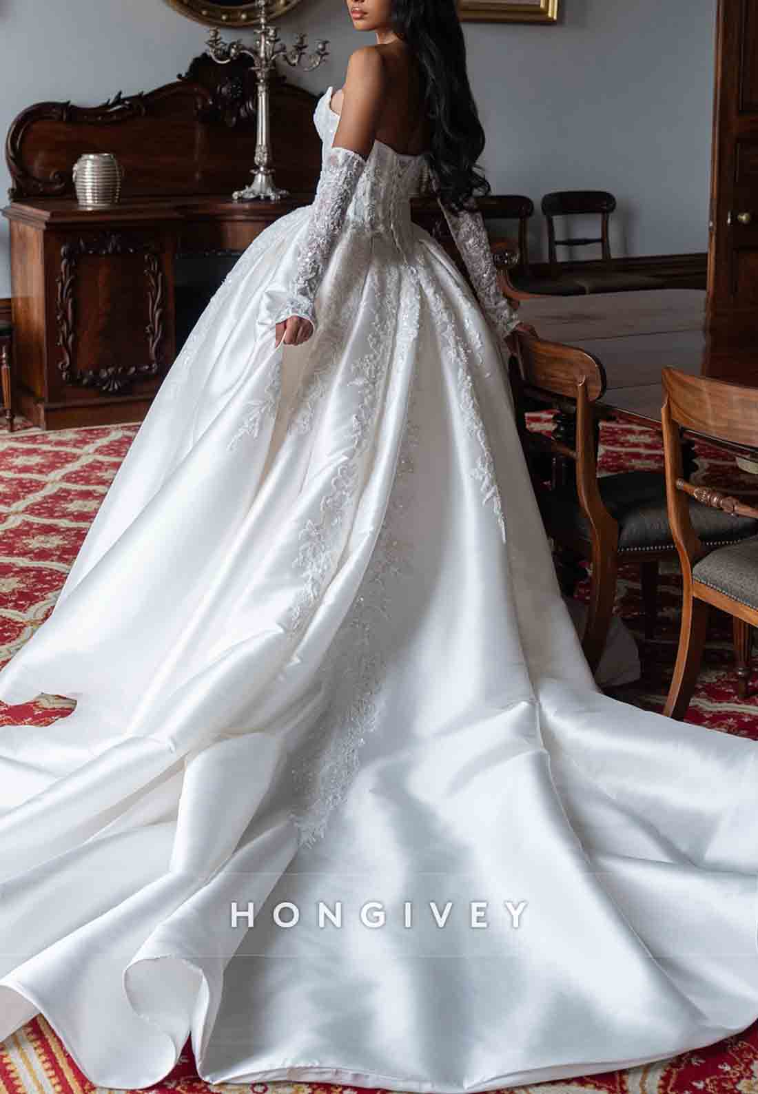 Strapless Appliqued Satin Princess Crisscross Back Court Train Bridal Gown