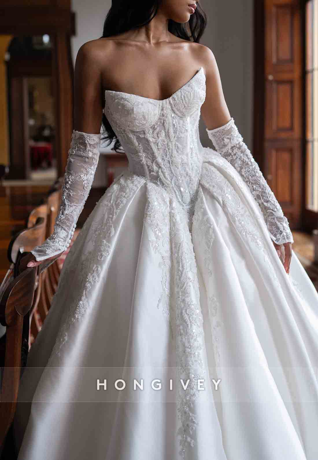 Strapless Appliqued Satin Princess Crisscross Back Court Train Bridal Gown