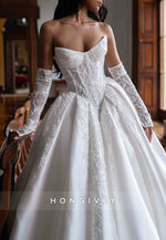 Strapless Appliqued Satin Princess Crisscross Back Court Train Bridal Gown