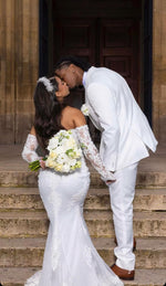 Beautiful Long White Mermaid Off-the-shoulder Lace Corset Wedding Dress with Long Sleeves