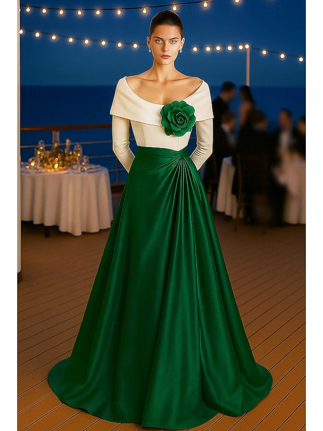 Classic Off the Shoulder Flowers A-Line Long Sleeve Floor-Length Evening Dress