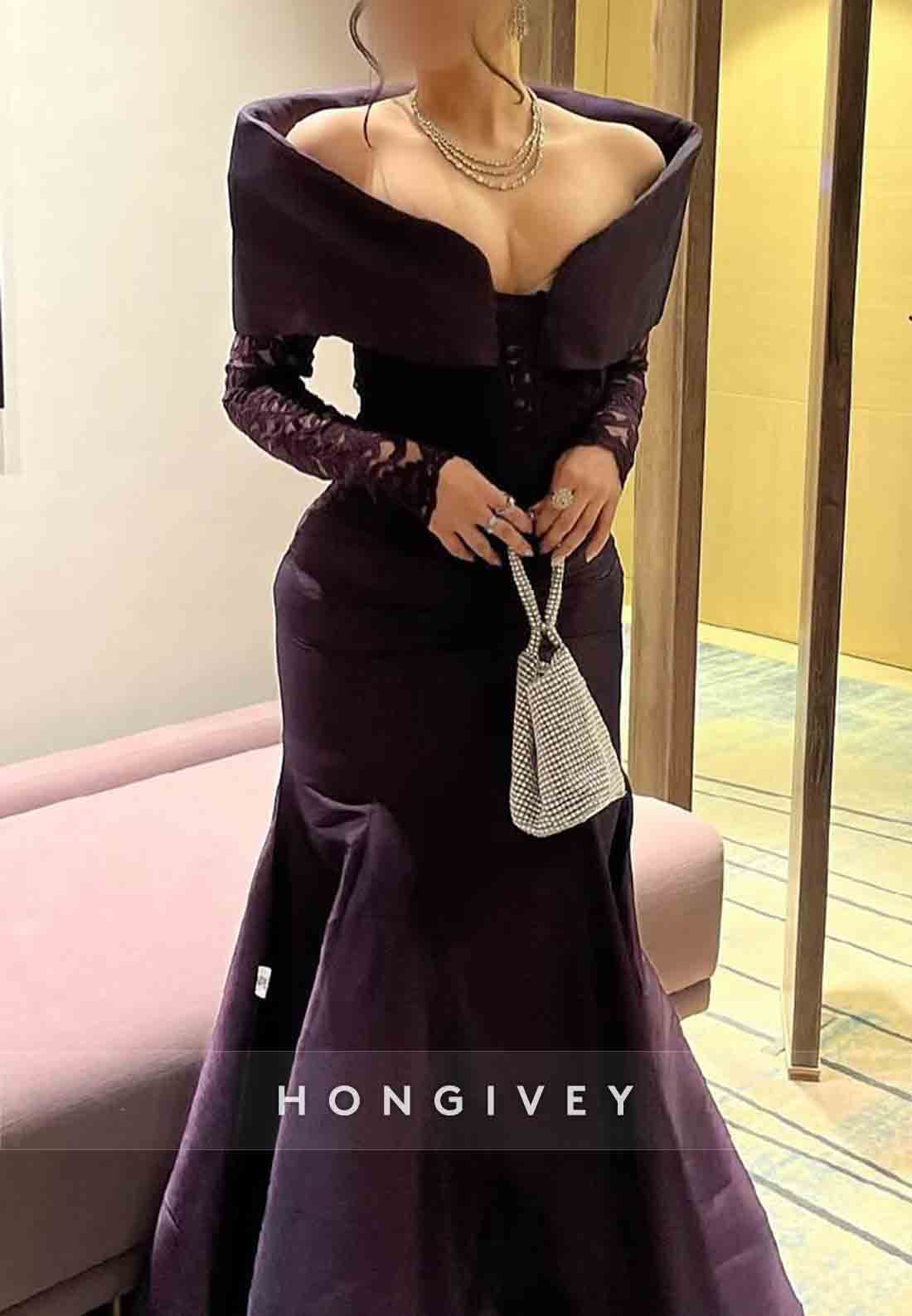Elegant Off-Shoulder Long Sleeves Trumpet Pleated Floor-Length Evening Gowns