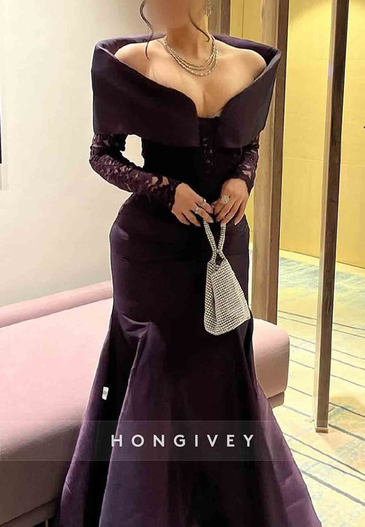 Elegant Off-Shoulder Long Sleeves Trumpet Pleated Floor-Length Evening Gowns