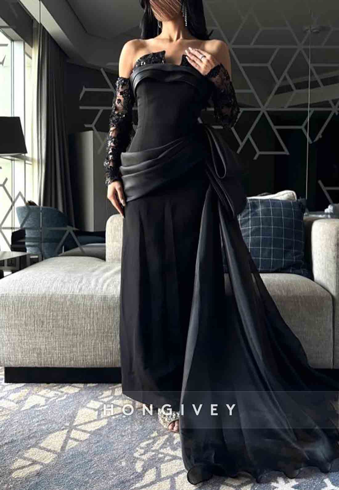 Off the Shoulder Long Sleeves Side Draping Pleated Floor-Length Evening Gowns