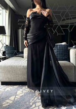 Off the Shoulder Long Sleeves Side Draping Pleated Floor-Length Evening Gowns