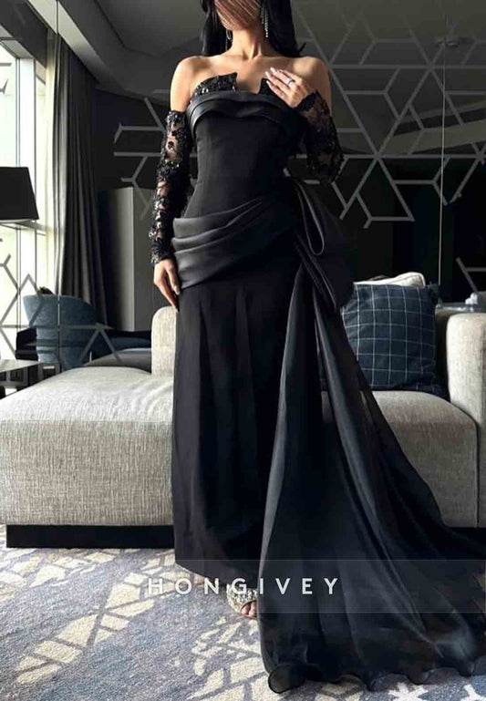 Off the Shoulder Long Sleeves Side Draping Pleated Floor-Length Evening Gowns