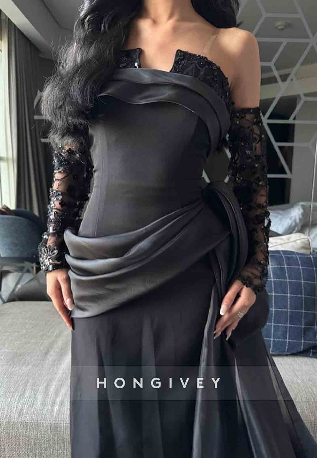 Off the Shoulder Long Sleeves Side Draping Pleated Floor-Length Evening Gowns