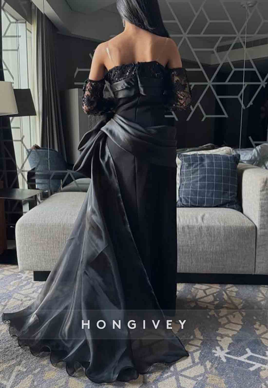 Off the Shoulder Long Sleeves Side Draping Pleated Floor-Length Evening Gowns