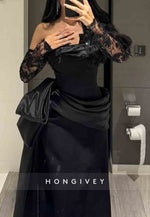 Off the Shoulder Long Sleeves Side Draping Pleated Floor-Length Evening Gowns