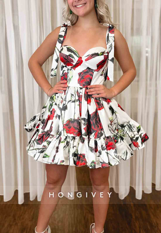 Floral Print Sleeveless Bowknot Sweetheart Regular Straps Short Homecoming Dresses