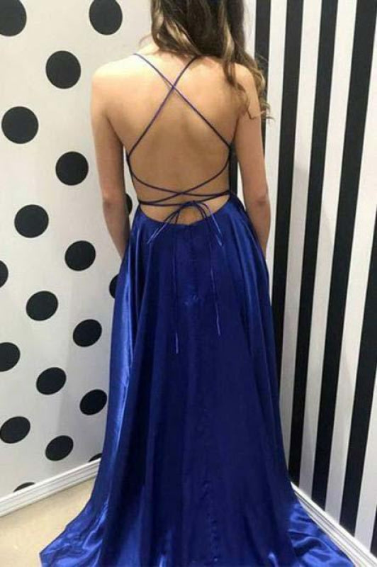 Blue Spaghetti Strap Satin Evening Dress with Side Slit Sexy Long Senior Prom Dresses
