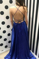 Blue Spaghetti Strap Satin Evening Dress with Side Slit Sexy Long Senior Prom Dresses