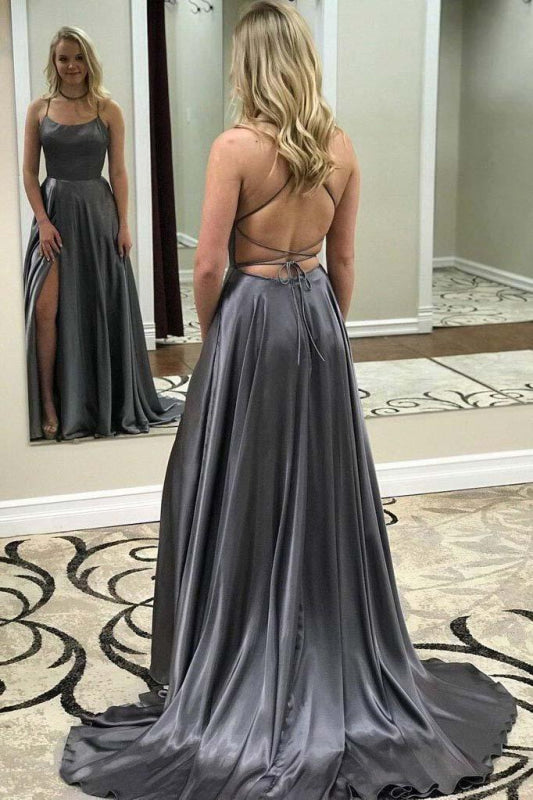 Blue Spaghetti Strap Satin Evening Dress with Side Slit Sexy Long Senior Prom Dresses
