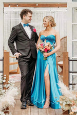 Strapless Royal Blue A-line Long Dress with Slit