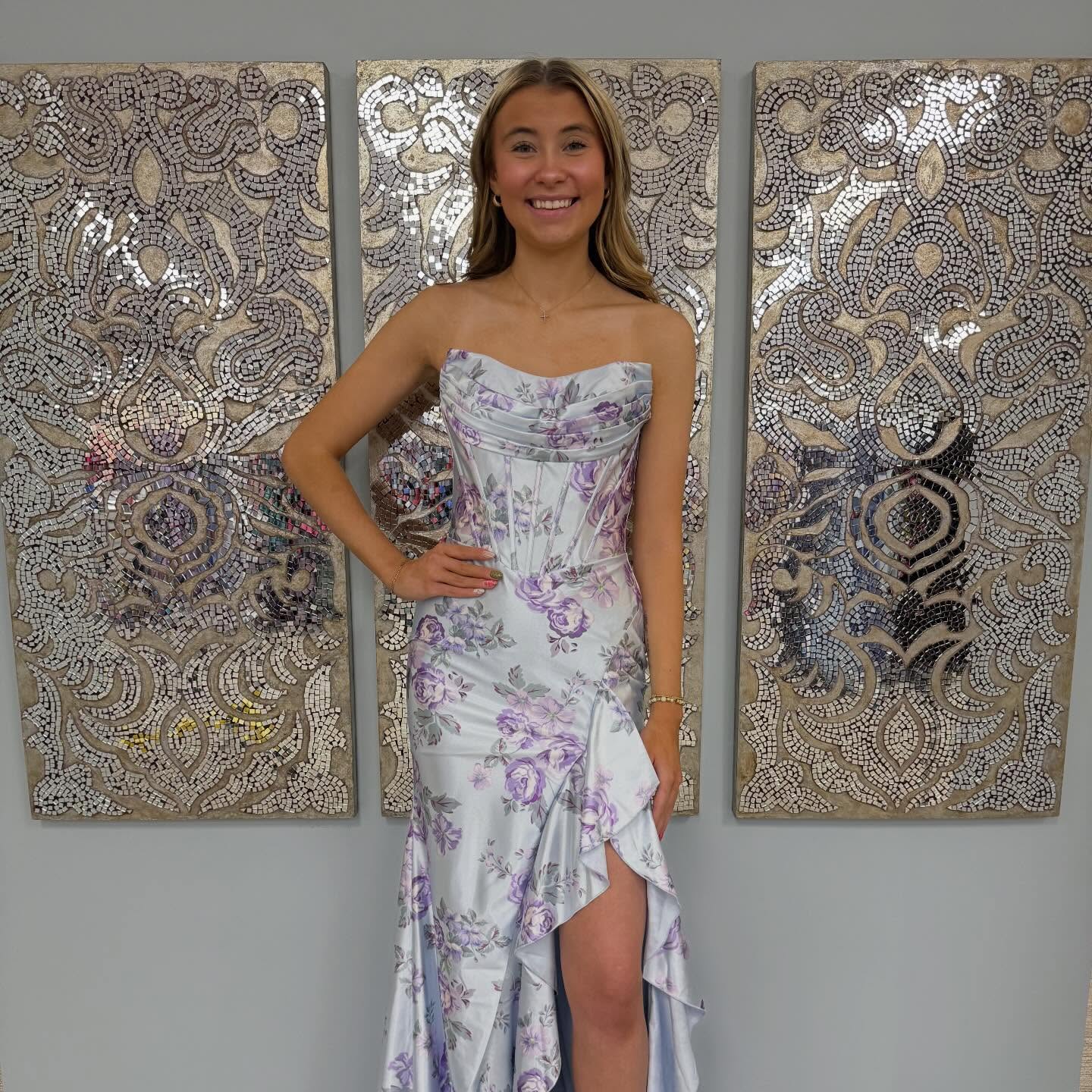 Strapless Sleeveless Floral Print Mermaid Side Slit Prom Dress Floor-Length