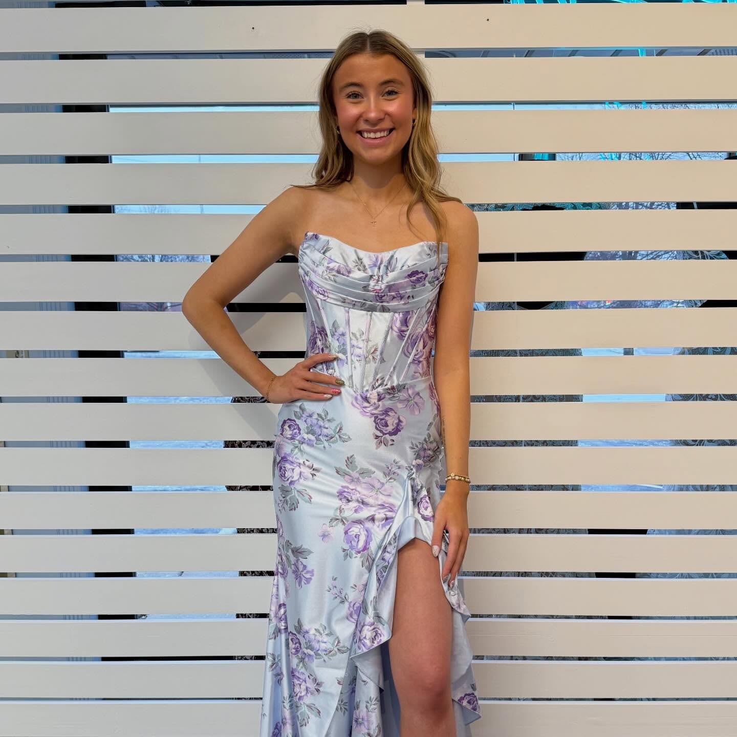 Strapless Sleeveless Floral Print Mermaid Side Slit Prom Dress Floor-Length