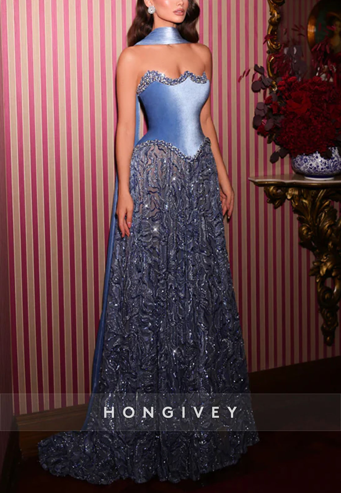 Elegant Blue Floor-Length Beaded Evening Gown Featuring A Velvet Corset